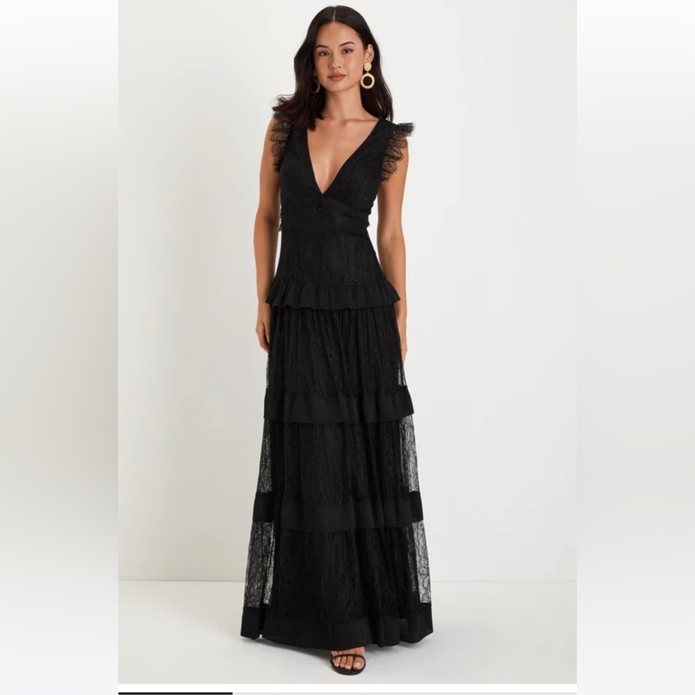 Marvelous Darling Black Lace Ruffled Tiered Maxi Dress